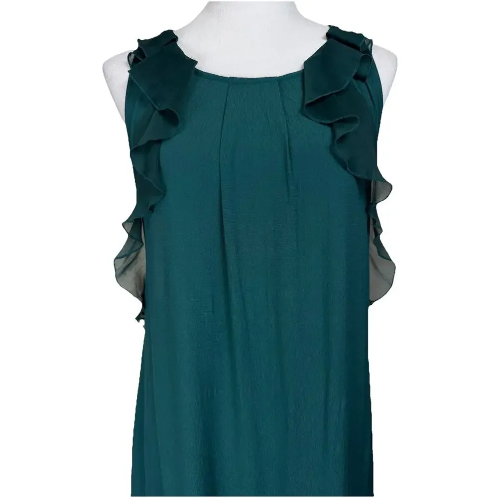 Free People Mini Dress Women’s Sz 8 Ruffle Trim Jade Green Open Sides Pockets - Picture 2 of 15